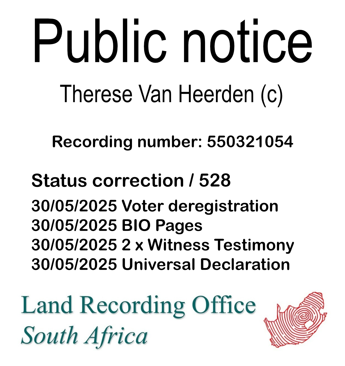 Public Notice Therese Van Heerden (c) Recording number 550321054